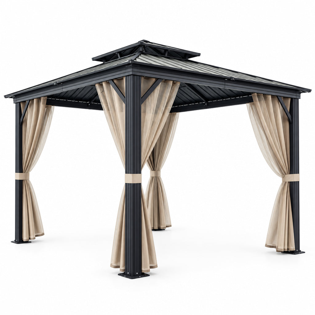 Double-Roof Hardtop Gazebo, 12 × 12 ft, Khaki
