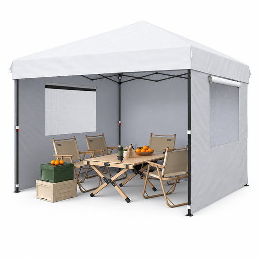 10X10 Pop up Canopy with Removable 3 Sidewalls - Easy up Camping Tent with One Button Push Setup - 1 Roller Bag, 3 Adjustable Height, 4 Weight Bags for Deck, Garden, Sports, Beach, Party - White