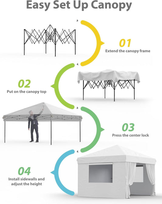10X10 Pop up Canopy with Removable 3 Sidewalls - Easy up Camping Tent with One Button Push Setup - 1 Roller Bag, 3 Adjustable Height, 4 Weight Bags for Deck, Garden, Sports, Beach, Party - White