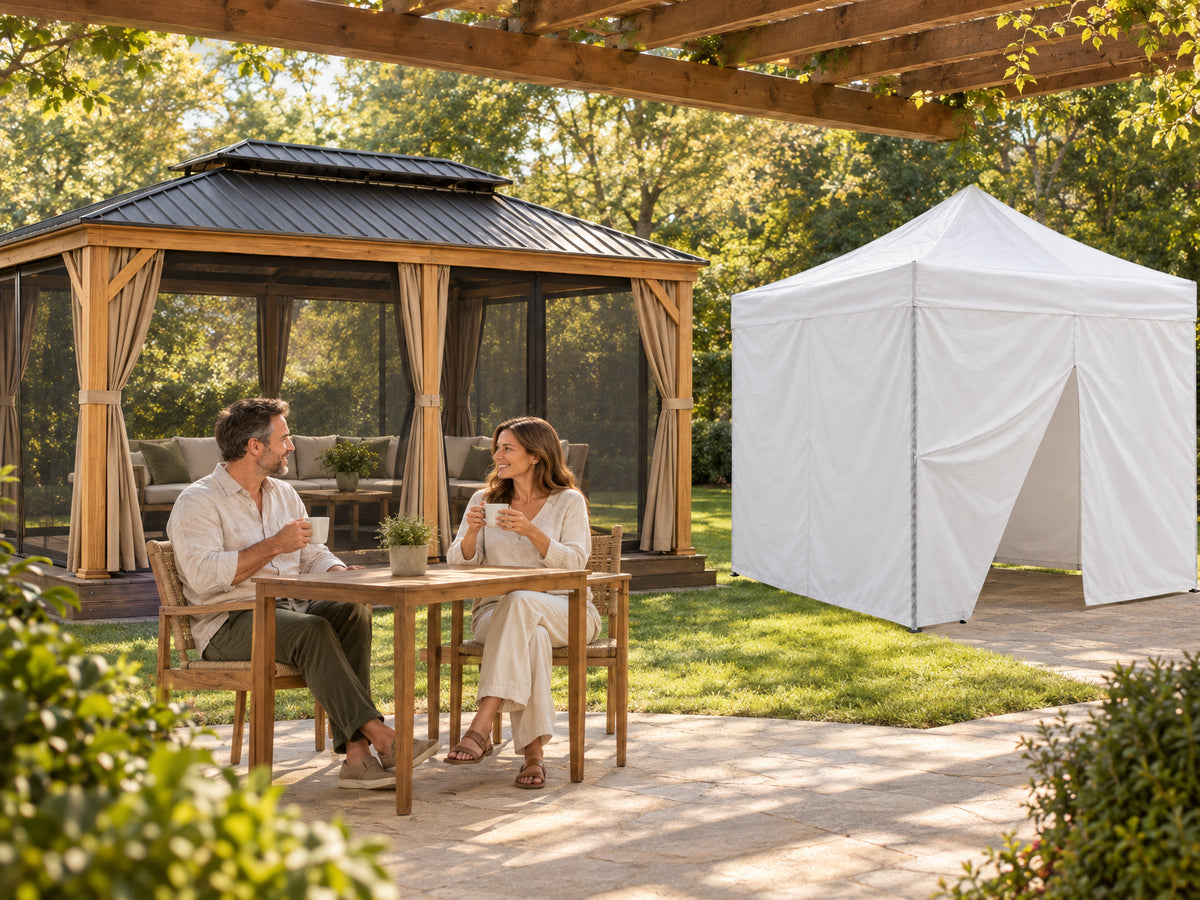 Late morning on a spacious backyard patio, warm golden sunlight filtering through a wooden pergola overhead