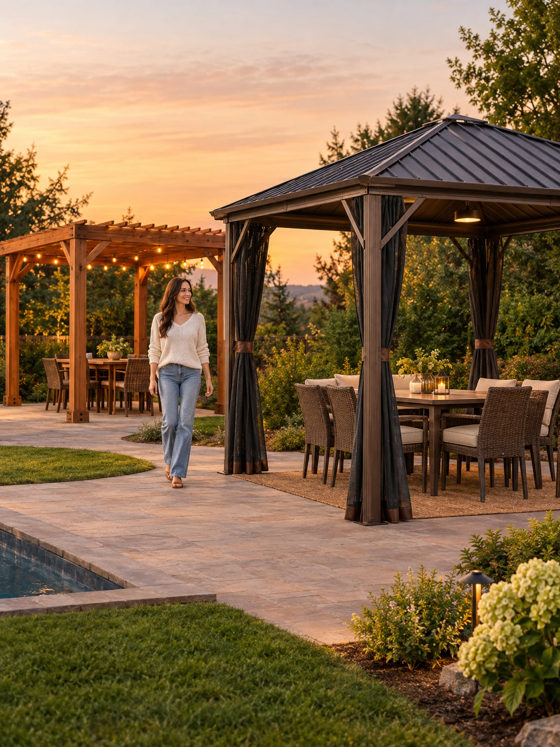 A magazine- of a beautifully styled backyard featuring a hardtop gazebo and a cedar pergola side by side