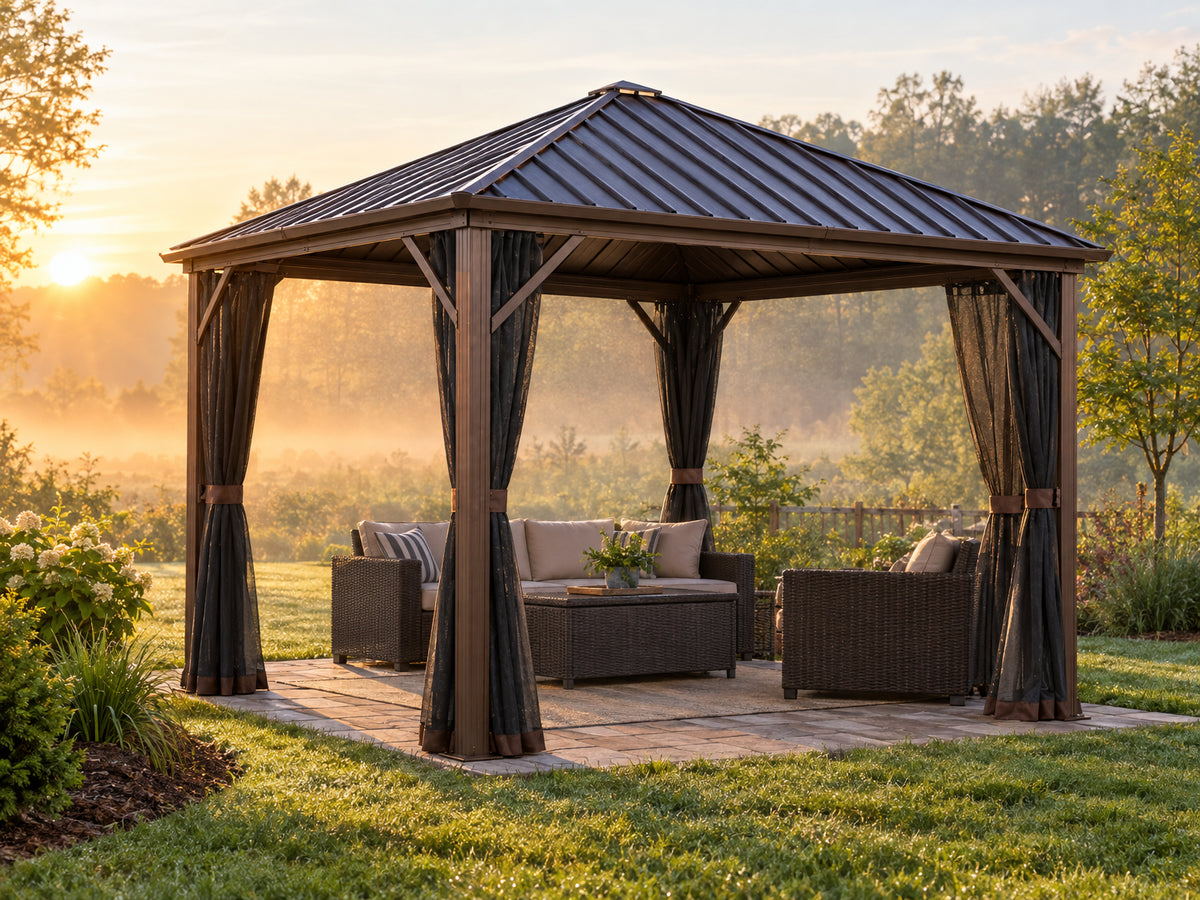 Outdoor 10' X 12' Dakota Hardtop Gazebo Outdoor Sun Shelter, Wide backyard shot, golden morning light, dew on grass