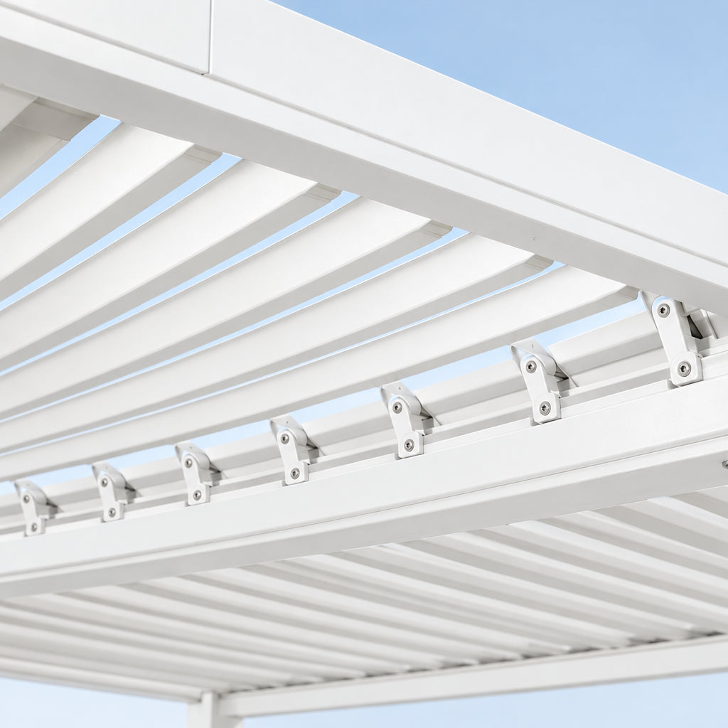 Louvered Pergola Modern White Pergola, close-up of the adjustable louvered roof
