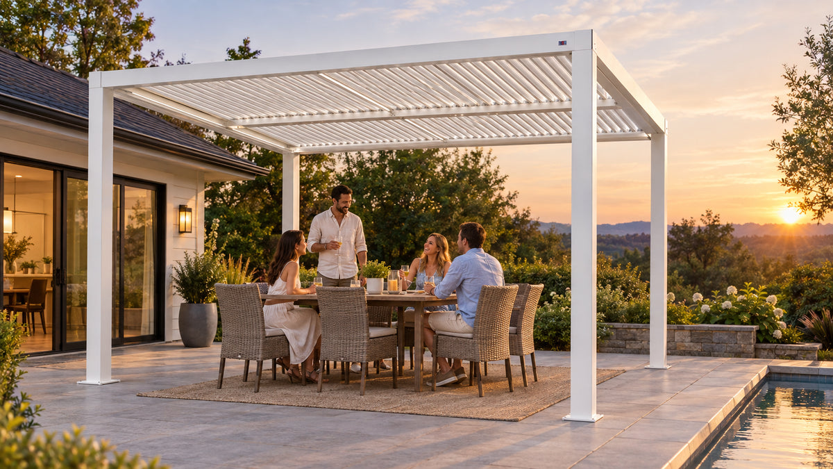 A modern backyard patio scene featuring a white louvered pergola with adjustable roof slats over a dining table set